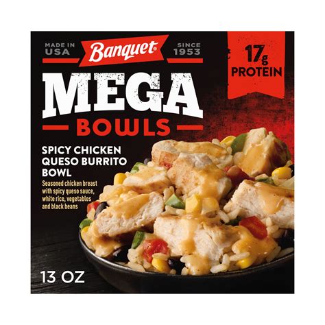 Banquet MEGA Bowls Spicy Chicken Queso Burrito Bowl, Frozen Meal, 13 oz ...