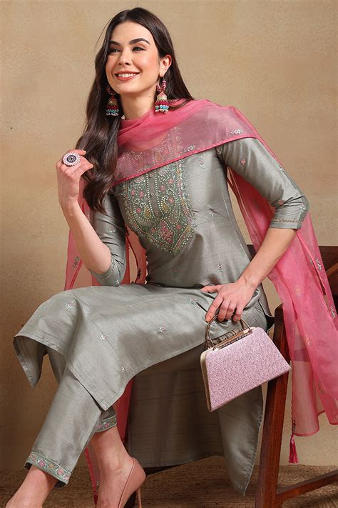 Grey Silk Blend Floral Embroidered Straight Trouser Suit Set PKSKD2339 ...