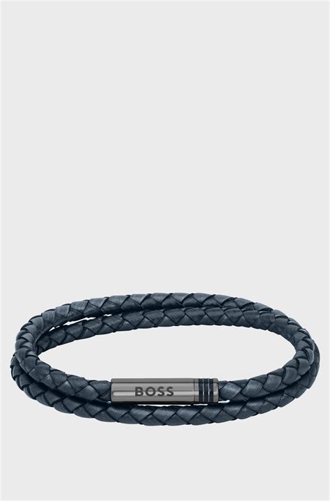 BOSS - Double-wrap cuff in blue braided leather - Dark Blue