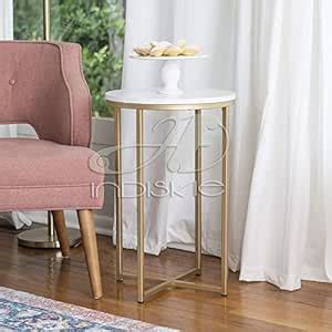 Indiskie Round Marble Granite Side Table Metal Base End Tables White ...