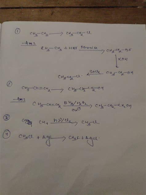 give the following conversion. 1) ethyl to ethyl chloride.2) propene to ...