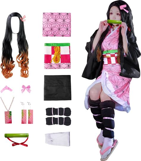 11 pcs Nezuko Cosplay Costume Kimono for Kids Adults Robe Japanese ...