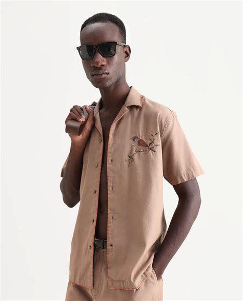 Rare Rabbit Men's Couvin Light Brown Cotton Embroidered Boxy Fit Half