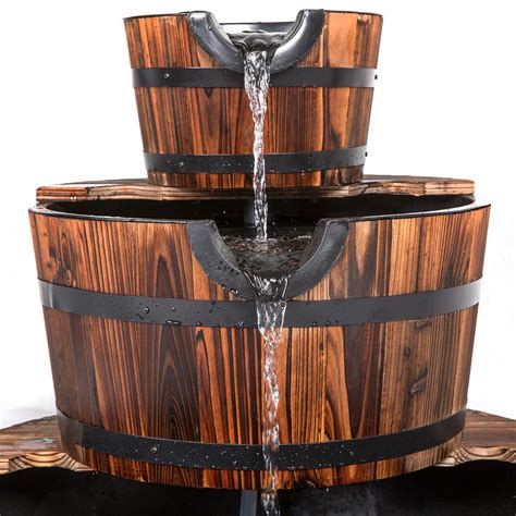 Wood Outdoor Barrel Waterfall Fountain - 3-Tier Wood Barrel Waterfall ...
