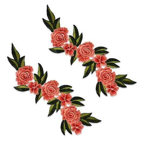 Pair of Amina Layered Embroidered Flower Patch Applique, Color: Coral ...
