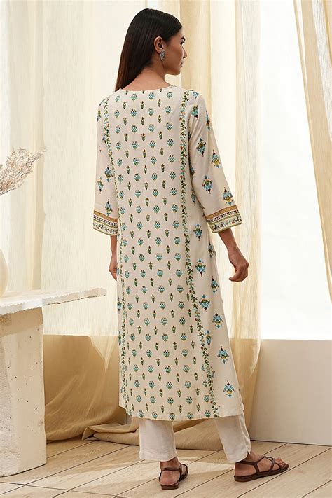 Cream-Colored Printed Straight Kurta at Biba India
