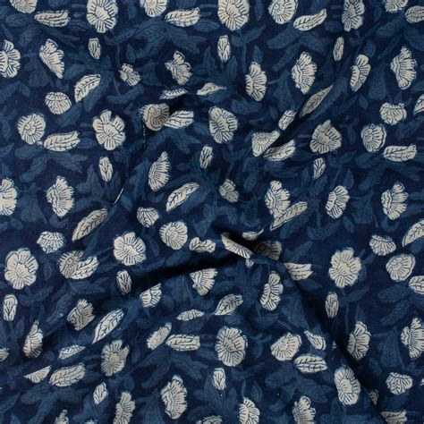 Hand Block Floral Printed Indigo Cotton Canvas Fabric For Bags – Dmaasa