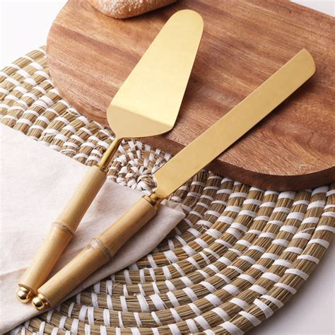 ESQ Living Bamboo Cake Knife and Server Set - Natural Gold