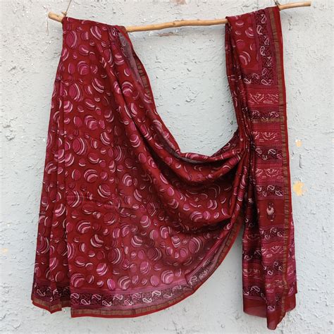 KASTURI - Pure Chanderi Maroon Dabu Hand Block Printed Saree – Sanskruti