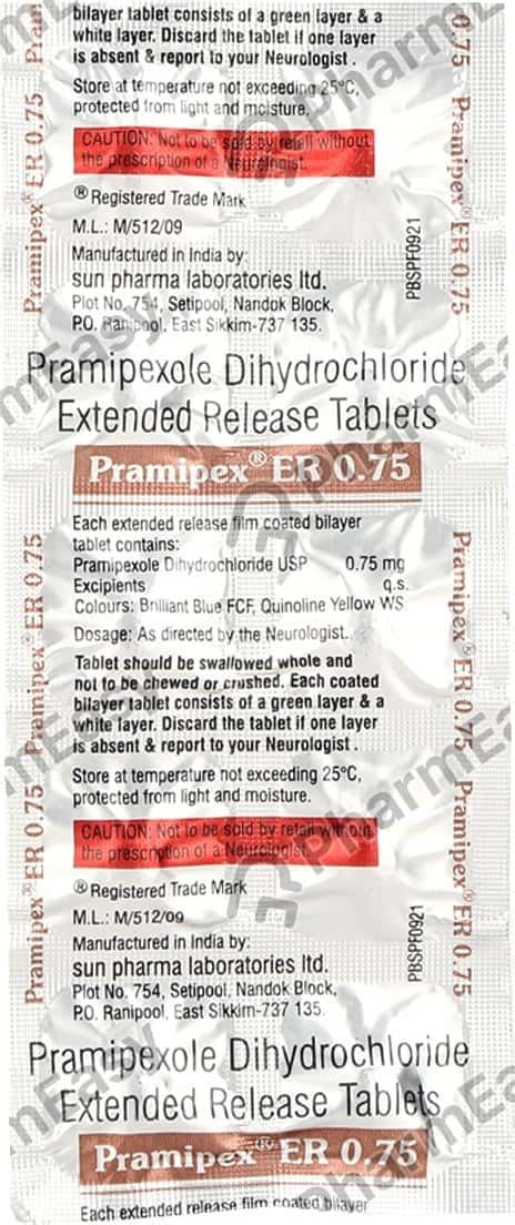 Pramipex 0.75 MG Tablet (10): Uses, Side Effects, Price & Dosage ...