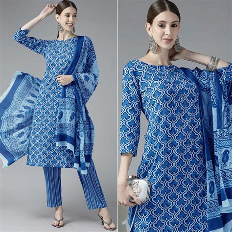 Dark Blue Printed Pure Cotton Kurti Pant Set with Dupatta