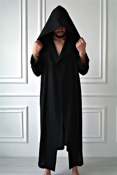 Mens Linen Robe, Linen Robe for Men, Hooded Black Robe, Black Hoodie ...