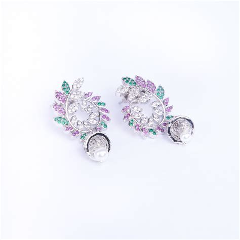 Enchanting Red-Green Harmony: Brass Rhodium CZ Earrings