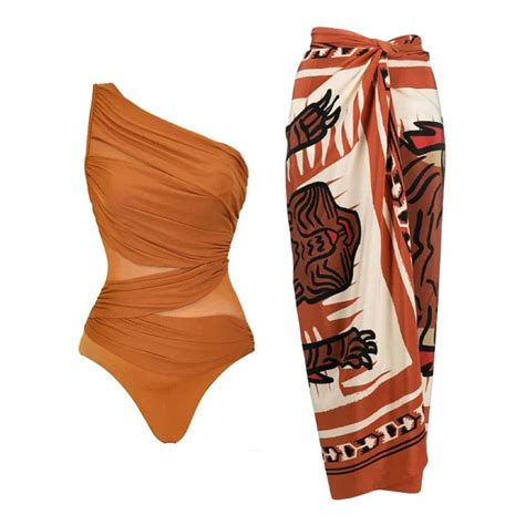 Rust One-Shoulder Monokini & Wrap Skirt Set – Twirl Around World