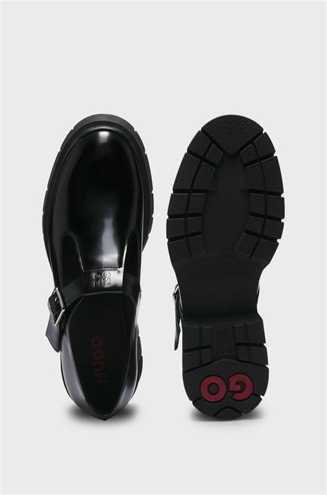 HUGO - Mary-Jane shoes in leather with stacked logo - Black