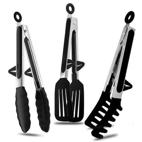 Buy Agabani 3 Pack Black Silicone Kitchen Cooking Tongs Set, Stainless ...