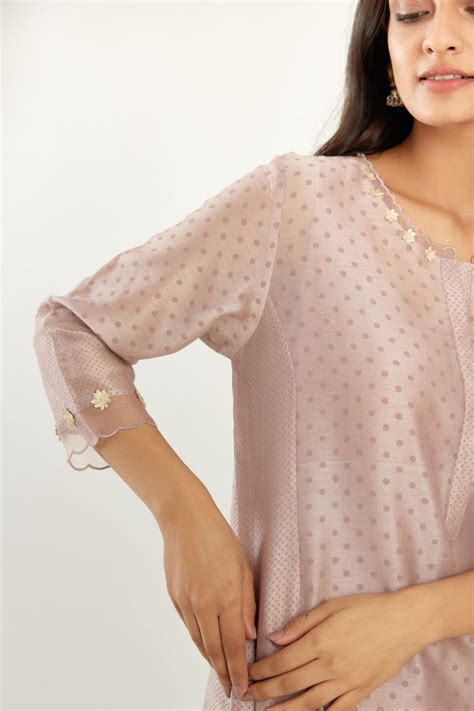 Lilac hand block printed silk chanderi kurta set with concealed button ...