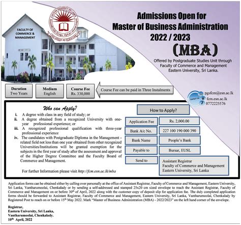MBA Programme 2022/2023 - Eastern University (EUSL)