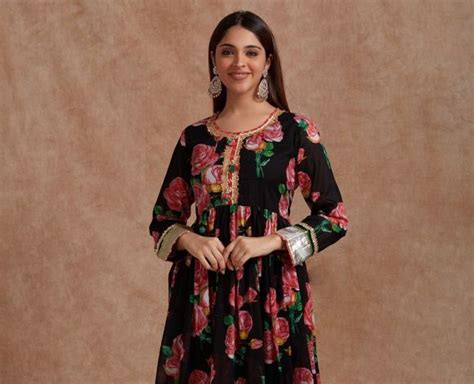 Black Pink Printed Mulmul Anarkali Kurta with Pants- Set of 2