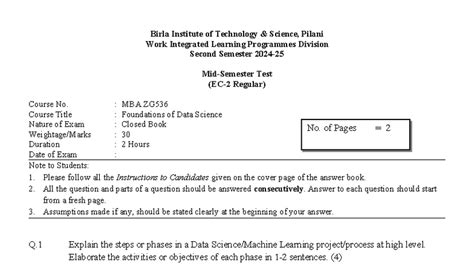 2024-2025 SEM 2 MBA ZG536 PDBA ZG536 Foundations OF DATA Science EC2 ...