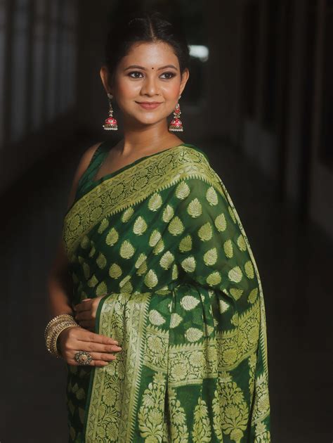 Banarasee Pure Chiffon Saree With Resham Zari Work-Green
