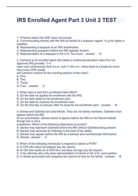 IRS Enrolled Agent Part 3 Unit 2 TEST Questions with Accurate Answers ...