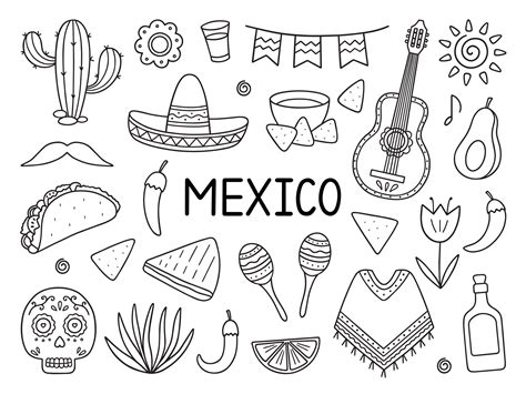 Mexico doodle set. Elements of mexican culture. Maracas, poncho, cactus ...