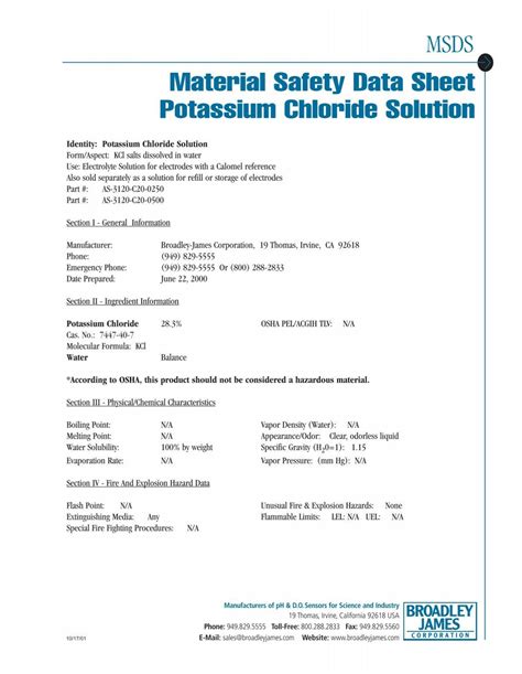 Material Safety Data Sheet Potassium Chloride at Christopher Brunell blog