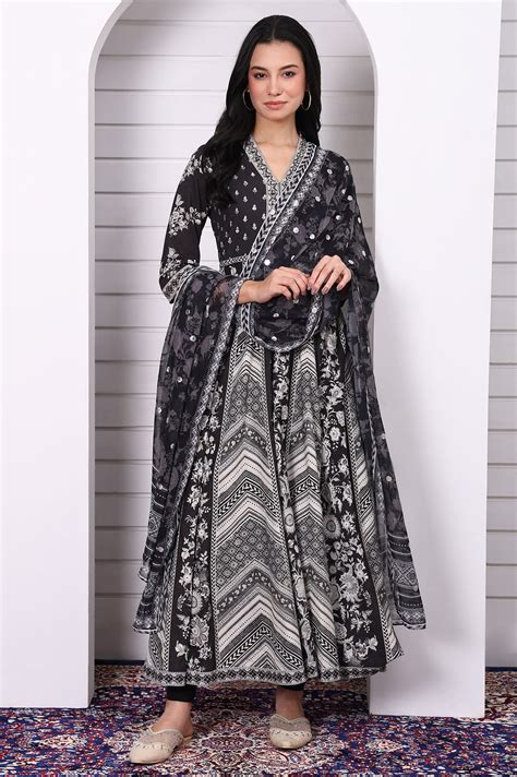 Buy Black Abstract Printed Hand Work Flared Kurta, Leggings and Dupatta ...