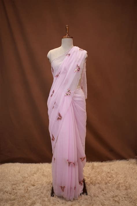 Georgette Saree with Butterfly Design & Cutwork Border (With Blouse ...