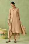 Buy Beige Cotton Gauze Embroidered Thread Work V Neck Waterfall Hemline ...