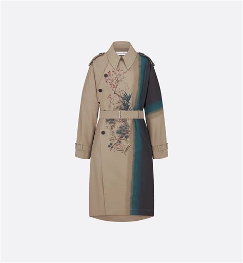 Trench Coat Beige Cotton Gabardine with Multicolor Dior Pine Tree Motif ...