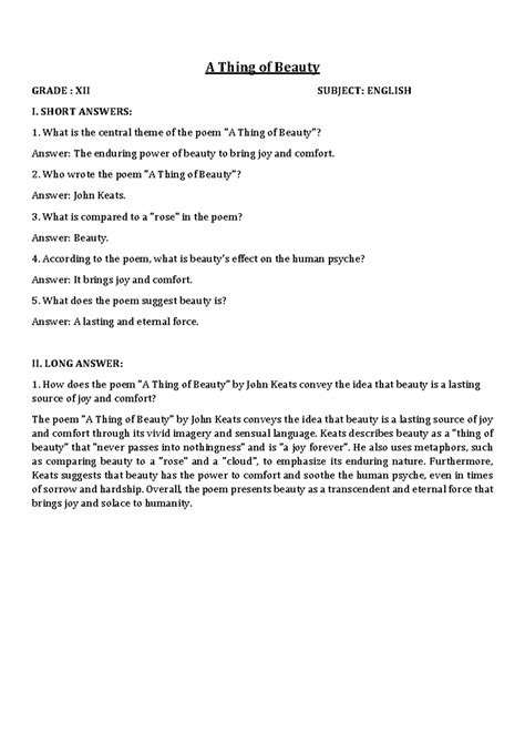 A Thing of Beauty Q & A - Class - A Thing of Beauty GRADE : XII SUBJECT ...