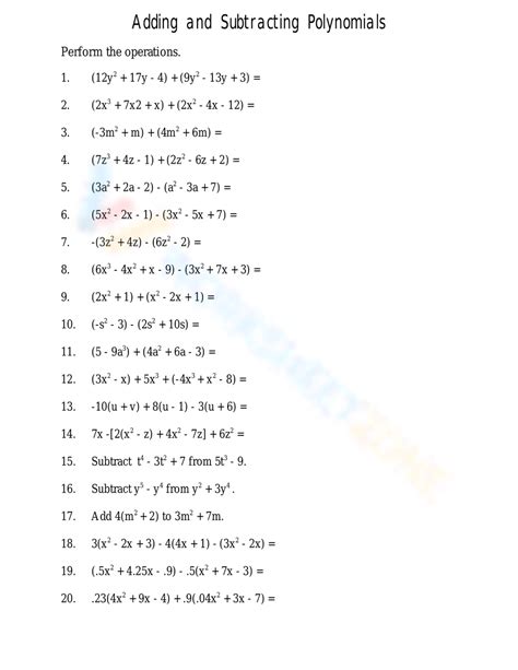Image result for Subtracting Polynomials Worksheet