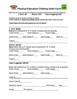 Physical Education Clothing Order Sheet Doc Template | pdfFiller