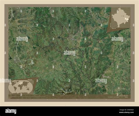 Gjilan, municipality of Kosovo. High resolution satellite map. Locations and names of major ...
