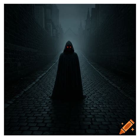 Cloaked hooded figure with glowing red eyes on medieval road on Craiyon