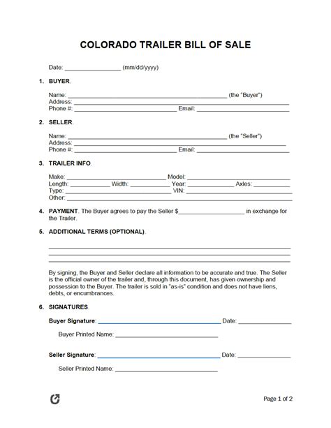 Free Colorado Trailer Bill of Sale Form | PDF | WORD | RTF