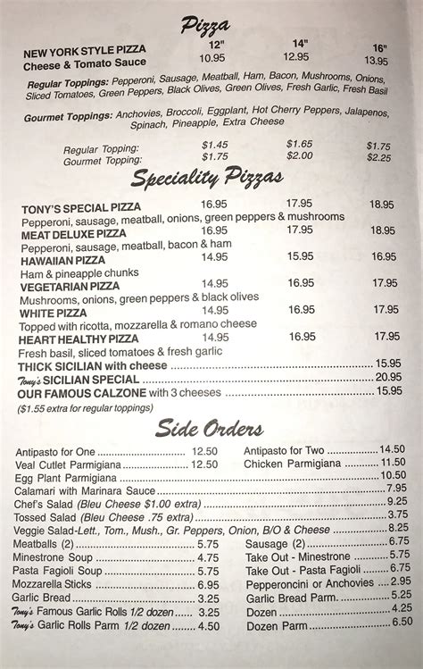 Tony's Place Italian Restaurant & Pizzeria Menu - Urbanspoon/Zomato