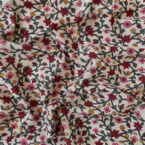 Beige & Maroon Mughal Floral Vines Hand Block Printed Pure Cotton Line ...