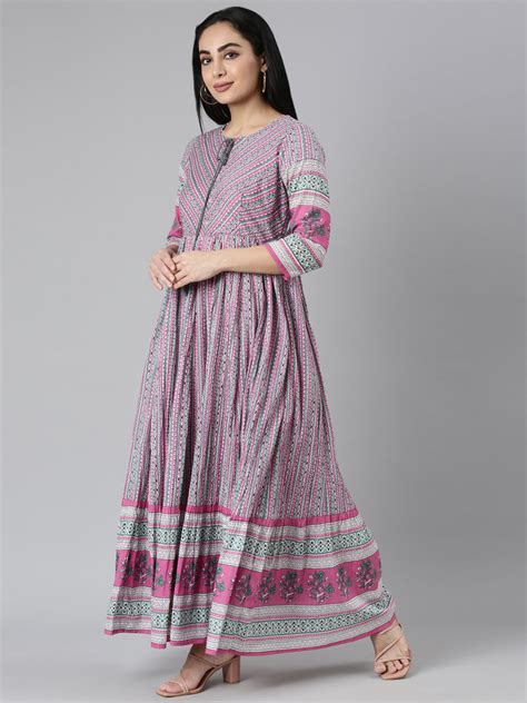 Neerus Pink Curved Casual Ethnic Motifs Maxi Dresses – Neerus India