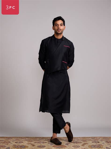 Gulmohar overlapped jacket with mandarin collar straight kurta paired