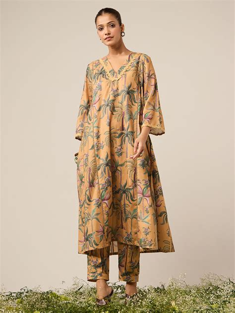 Mustard Yellow Printed Cotton Kurta with Pants- Set of 2