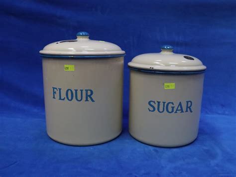 Lot - 2X ENAMEL CREAM & BLUE FLOUR & SUGAR CANISTERS