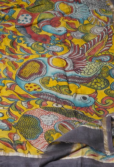 Casual Pewter Grey Pure Pen Kalamkari Hand Painted Chanderi Cotton Silk ...