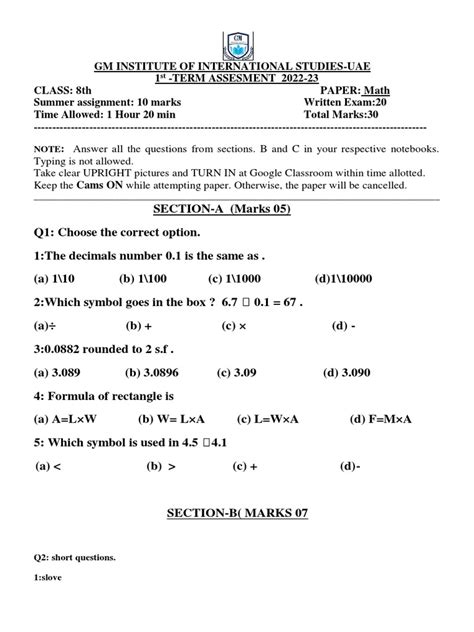 Image result for Class 8 Maths Paper