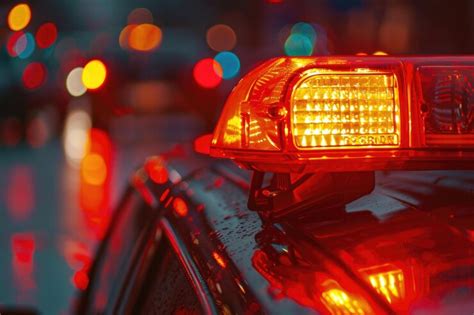 Closeup view of a bright red warning light on top of a car often used ...