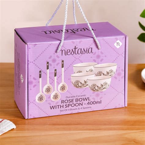 Ceramic Rose Bowl With Spoon Set Of 4 Green White 400ml Online ...