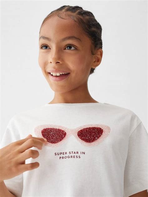 Mango Kids' Sequin Glasses Short Sleeve T-Shirt, Natural White