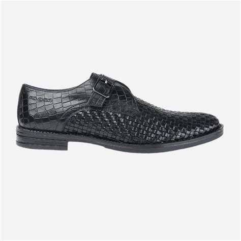 Masabih Genuine Braided Leather Black Single Buckle Monk Shoes For Men